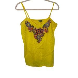 Yellow Beaded Embroidered Cotton Tank Top Spaghetti Strap Boho Smocked Back L